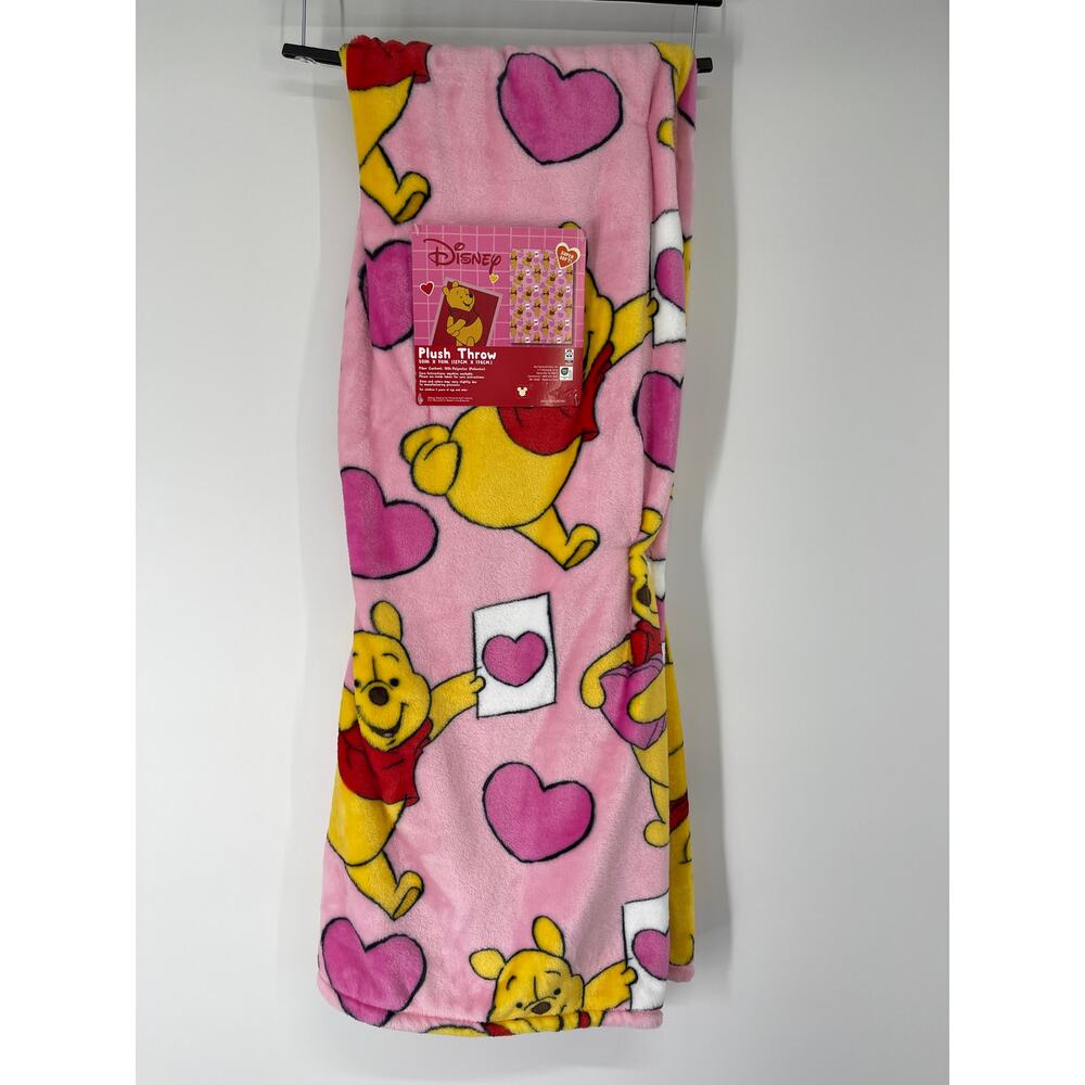 Disney Winnie the Pooh Pink Hearts Plush Throw Blanket 50 x 70 Soft Valentine's